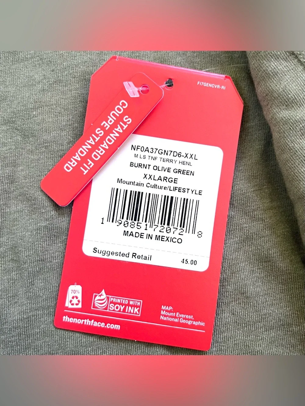 NWT New Men’s The North Face Flash Dry Terry Long Sleeve Henley in Olive Green